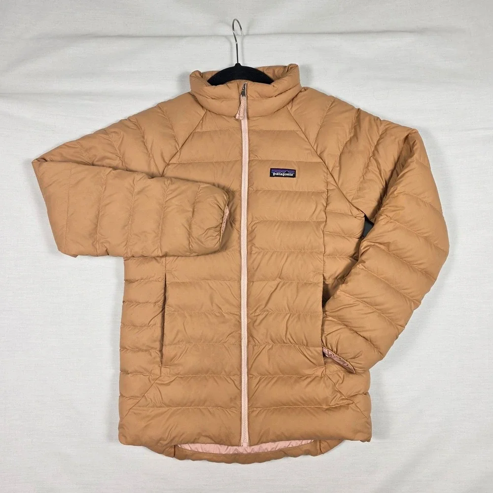 Patagonia‎ Down 600 Fill Jacket Kids XL Tan Pink Puffer Hoodless Full Zip Warm